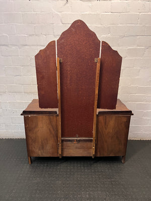 Vintage Dark Wood Dressing Table with Triptych Mirror – back view