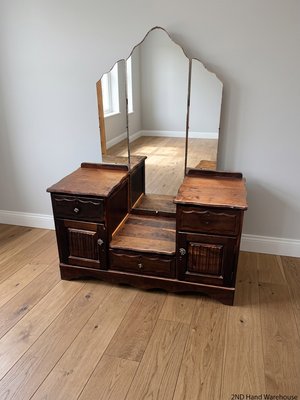 Vintage Dark Wood Dressing Table with Triptych Mirror – styled product image