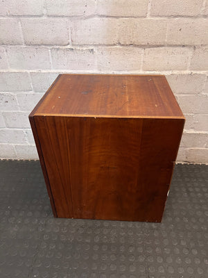 Dark Brown Wood Side Cabinet with Moulding Detail — Visible Damage to Cabinet Doors – back view