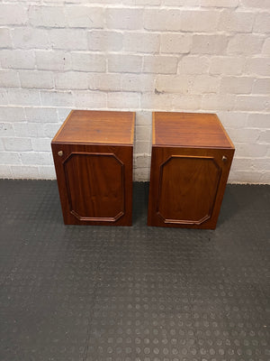 Dark Brown Wood Side Cabinet with Moulding Detail — Visible Damage to Cabinet Doors – condition detail