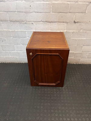 Dark Brown Wood Side Cabinet with Moulding Detail — Visible Damage to Cabinet Doors – main front view
