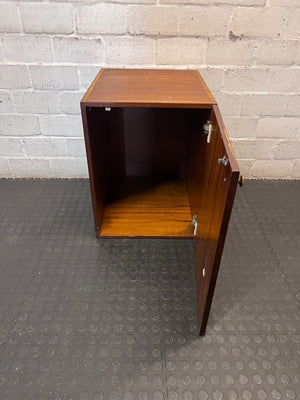 Dark Brown Wood Side Cabinet with Moulding Detail — Visible Damage to Cabinet Doors – side view