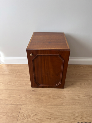 Dark Brown Wood Side Cabinet with Moulding Detail — Visible Damage to Cabinet Doors – styled product image