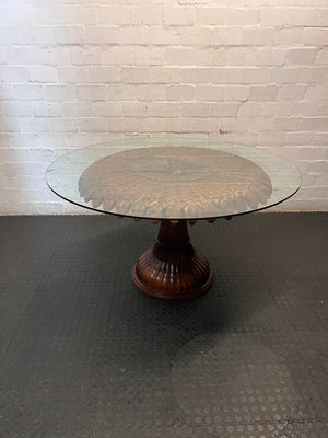 Round Glass Top Dining Table with Carved Leaf Base – back view