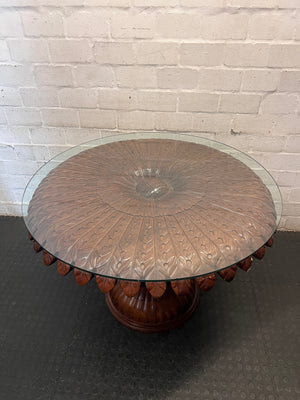 Round Glass Top Dining Table with Carved Leaf Base – condition detail