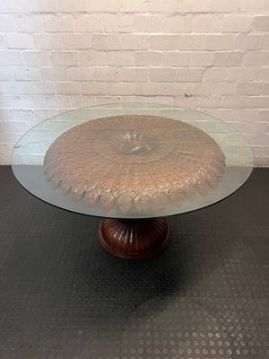 Round Glass Top Dining Table with Carved Leaf Base – main front view
