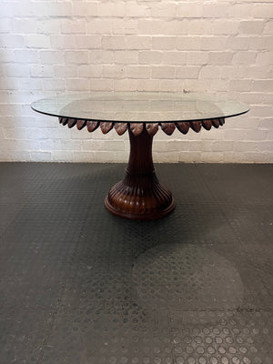 Round Glass Top Dining Table with Carved Leaf Base – top view
