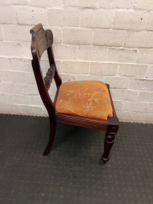 Hand-Carved Dark Wood Dining Chair with Floral Seat – top view