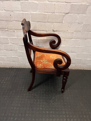 Carved Wooden Armchair with Floral Upholstered Seat – back view