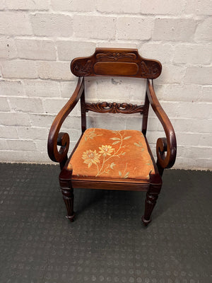 Carved Wooden Armchair with Floral Upholstered Seat – main front view