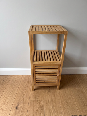 Slatted Bamboo Storage Cabinet with Open Shelving – styled product image
