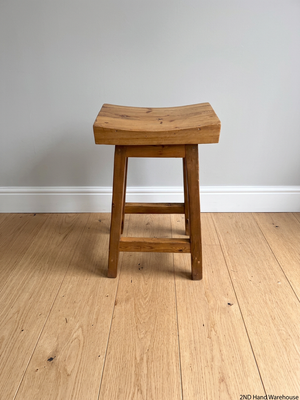 Contoured Wooden Bar Stool in Oak Finish – styled product image