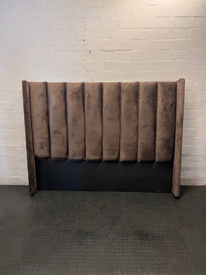 King Fluted Brown Velvet Winged Headboard – main front view