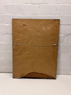 Framed Abstract Painting in Orange and Blue – side view