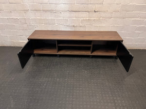 Wooden TV Unit with Black Doors and Open Shelving – side view