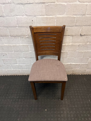 Brown Wooden Dining Chair with Fabric Upholstered Seat — Damaged Condition – main front view