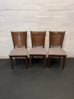Brown Wooden Dining Chair with Fabric Upholstered Seat — Damaged Condition – side view