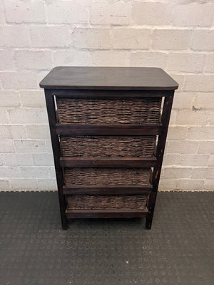 Dark Brown Wooden Chest with 4 Woven Rattan Drawers – back view