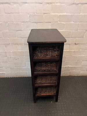 Dark Brown Wooden Chest with 4 Woven Rattan Drawers – top view