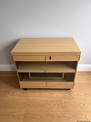 Oak-Finish Mobile TV Unit with Glass Doors – styled product image