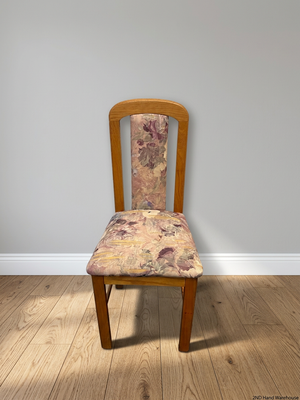 Oak-Toned Dining Chair with Floral Upholstery – styled product image