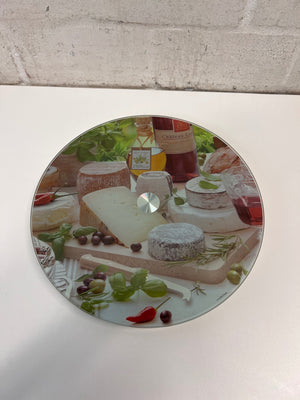 Circular Glass Rotating Cheese Server with Herb Print – main front view