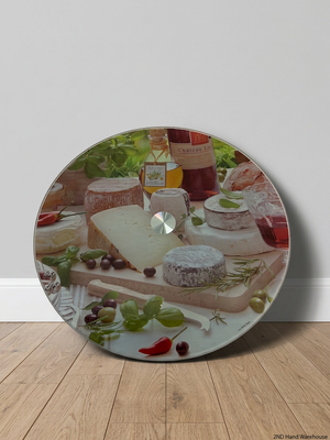 Circular Glass Rotating Cheese Server with Herb Print – styled product image