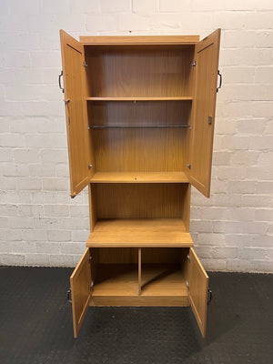 Light Wood Finish Tall Lounge Cabinet with Shelving – side view