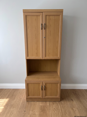 Light Wood Finish Tall Lounge Cabinet with Shelving – styled product image