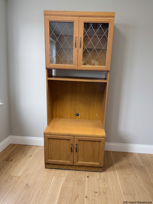 Oak Finish Display Cabinet with Diamond Glass Doors – styled product image