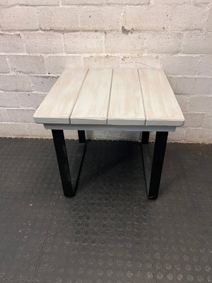 Whitewashed Slatted Side Table with Industrial Metal Base – main front view