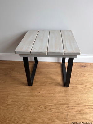 Whitewashed Slatted Side Table with Industrial Metal Base – styled product image