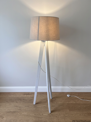 White Tripod Floor Lamp with Fabric Drum Shade – styled product image