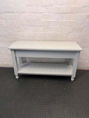 Grey Painted Two-Drawer Console Table with Slatted Shelf – back view