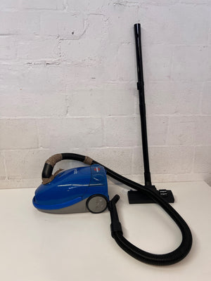 Blue Canister Vacuum Cleaner with Attachments – top view