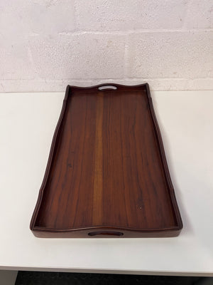 Scalloped Edge Dark Wood Serving Tray with Handles – side view
