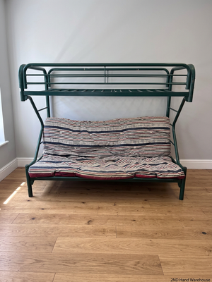 Green Metal Bunk Bed with Striped Futon Cushion – styled product image