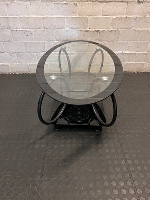 Oval Glass and Black Metal Coffee Table with Filigree Detail – back view