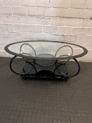 Oval Glass and Black Metal Coffee Table with Filigree Detail – condition detail