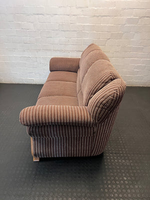Brown Pinstripe 3 Seater Couch with Curved Wooden Feet – side view
