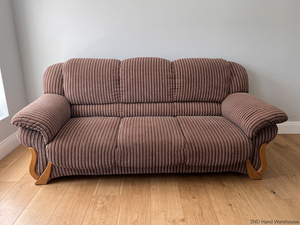 Brown Pinstripe 3 Seater Couch with Curved Wooden Feet – styled product image