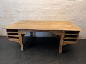 Large Timber Office Desk with Integrated Pigeon-Hole Shelves – main front view