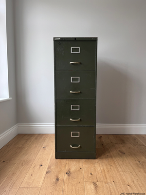 Four Drawer Metal Filing Cabinet in Olive Green – styled product image