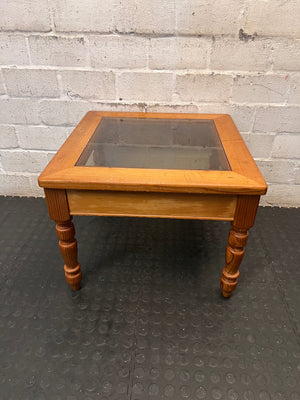 Square Wooden Side Table with Glass Inset Top – back view
