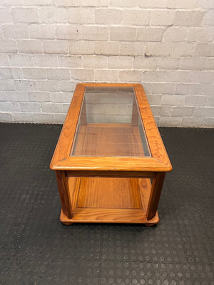 Wooden Coffee Table with Glass Inlay and Lower Shelf – side view