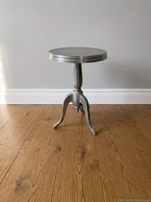 Silver Pedestal Side Table with Triple Leg Base — Well Used with Visible Wear