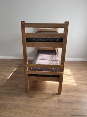 Oak-Coloured Wooden Bunk Bed with Ladder & 2 Mattresses - 2ndhandwarehouse.com