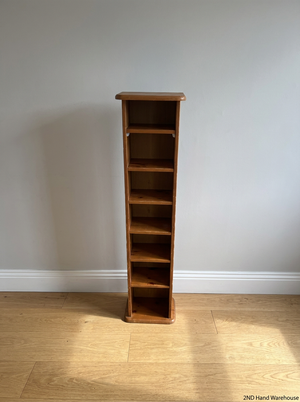 Tall Slim Pine-Finish Wooden Shelving Unit — Well Used Condition
