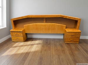 Light Oak Queen Headboard with Pedestals and Shelving — Water Damage on Dressing Table Surface - 2ndhandwarehouse.com