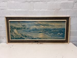 Vintage Seascape Painting with Hessian Border Frame — Stains on Canvas and Chipped Frame - 2ndhandwarehouse.com